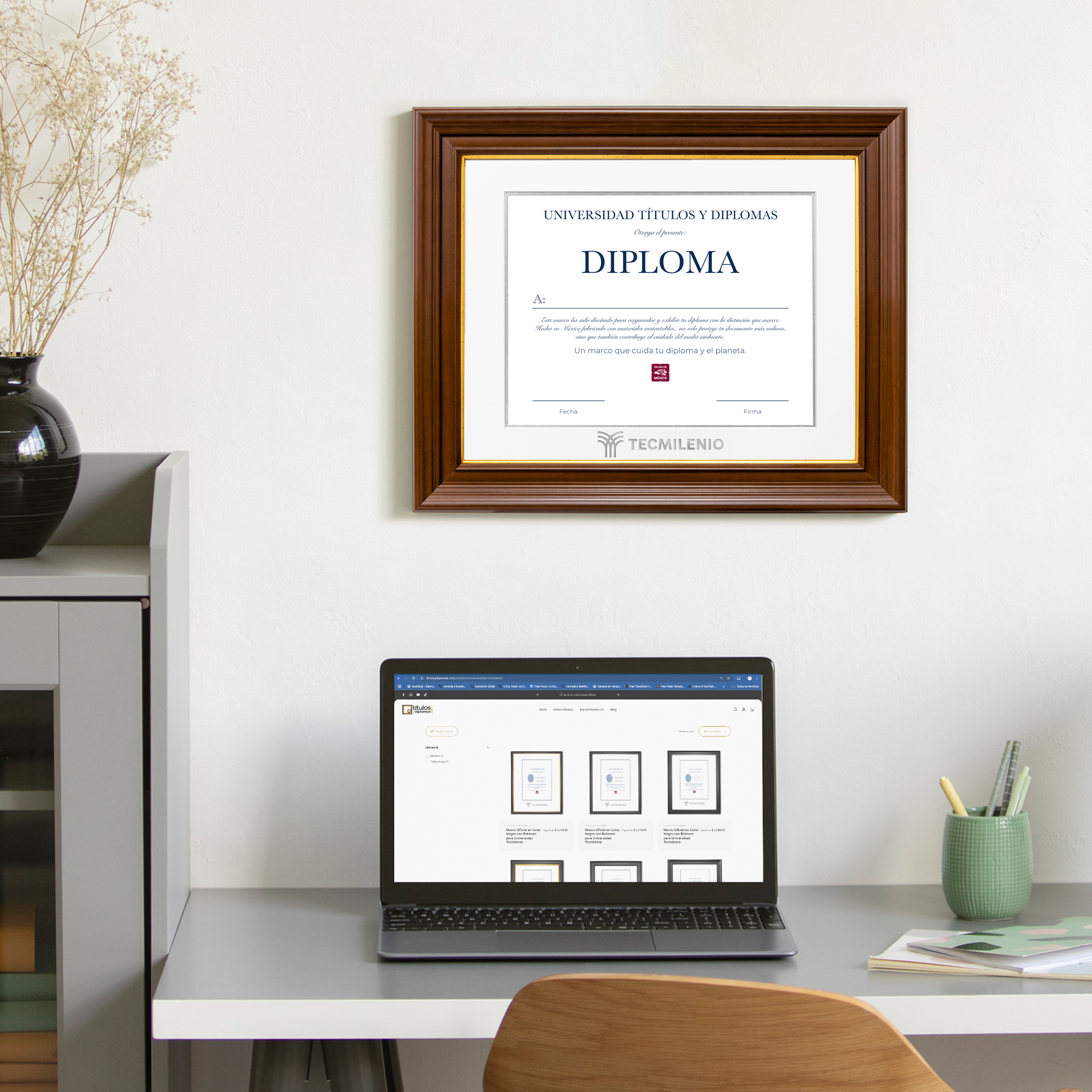 Diploma oficial Tecmilenio marco color nogal