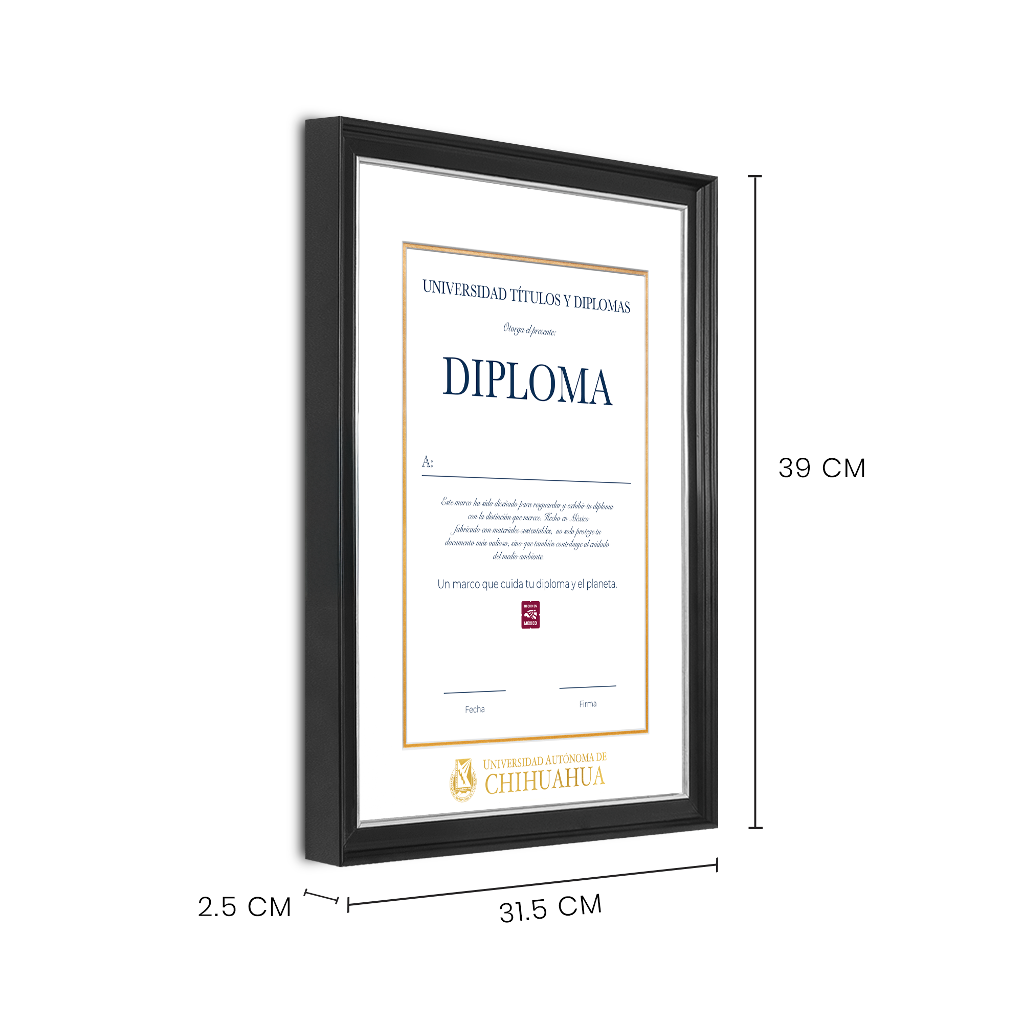 Diploma oficial UACH Marco negro con filo plateado