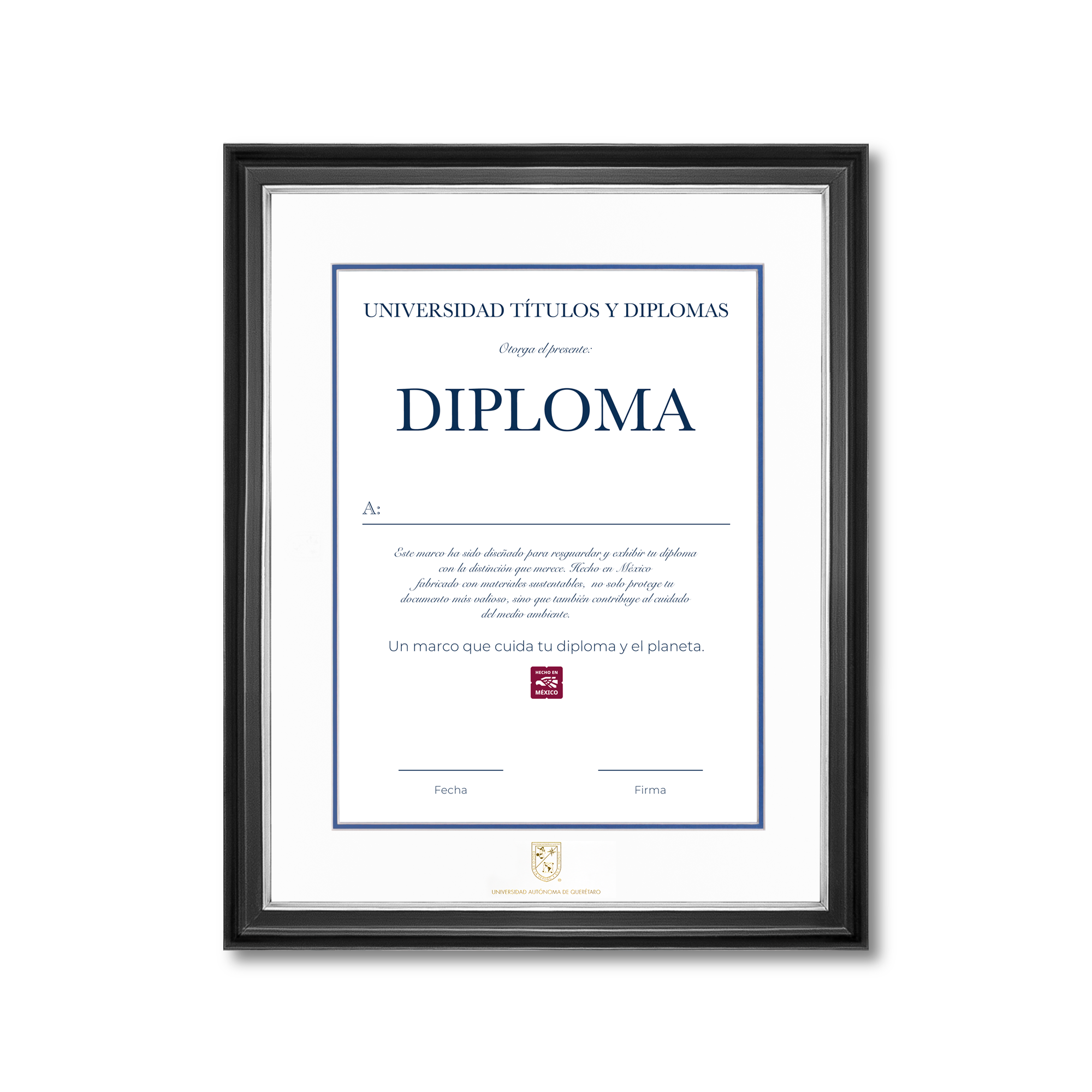Diploma oficial UAQ Marco negro con filo plateado