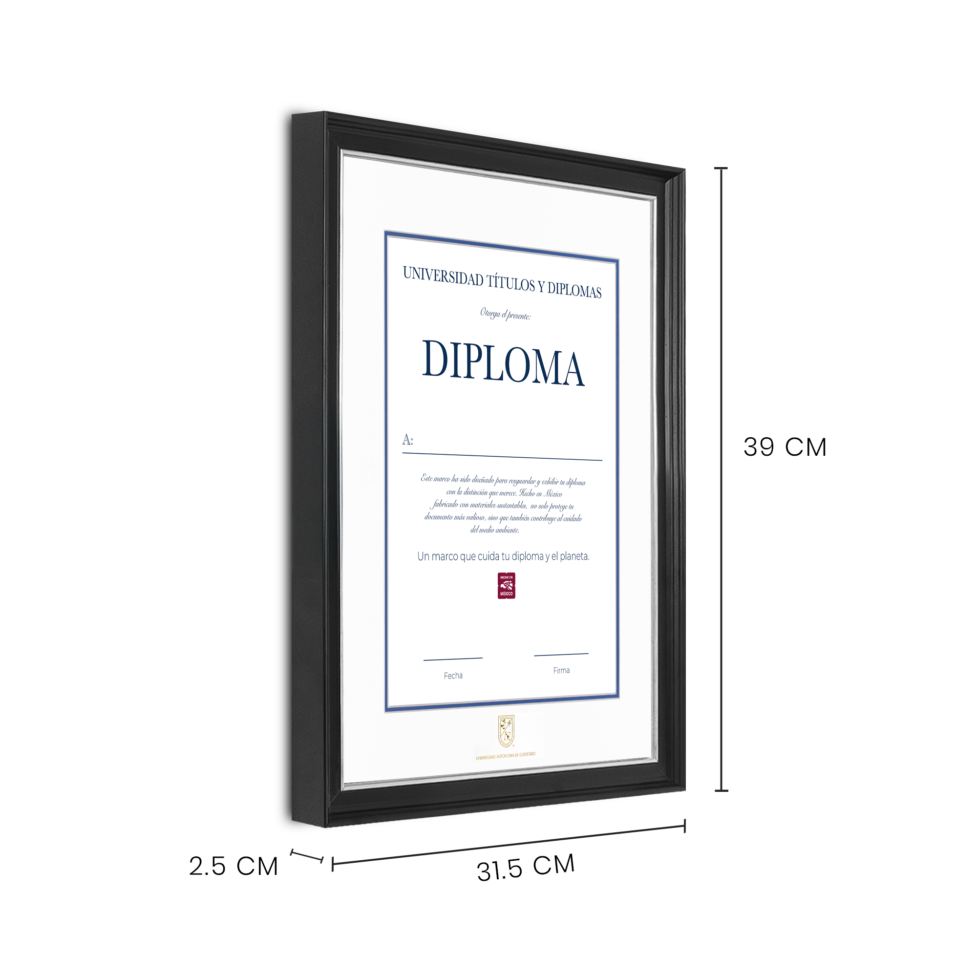 Diploma oficial UAQ Marco negro con filo plateado