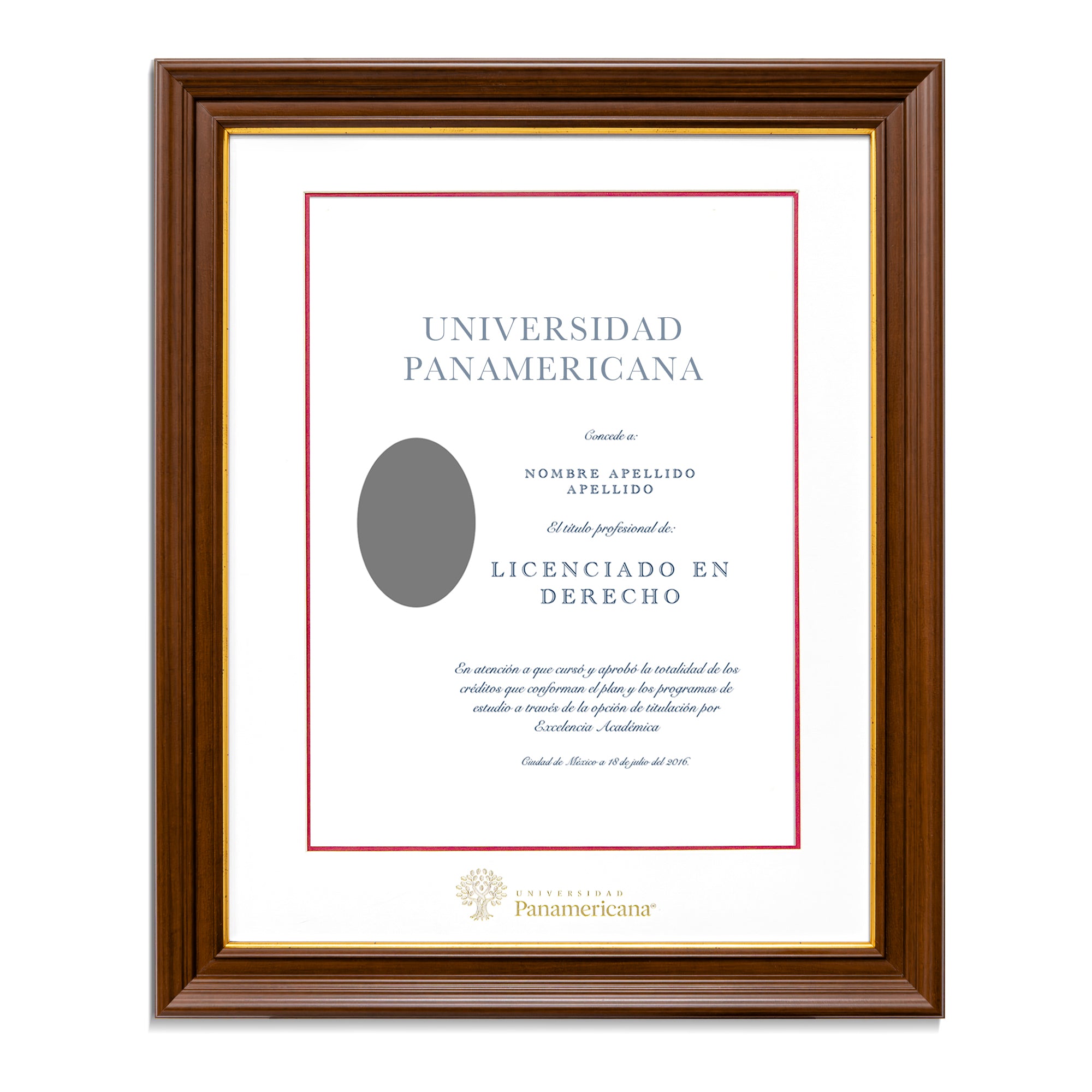 Marco Oficial para Título de la Universidad Panamericana® en Color Nogal con Filo Dorado