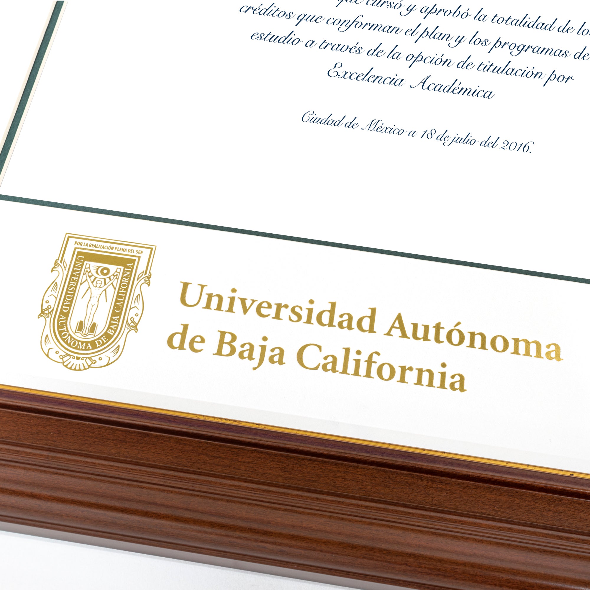 Marco Oficial UABC® en Color Nogal y Filo en Color Dorado, Para Título Universitario