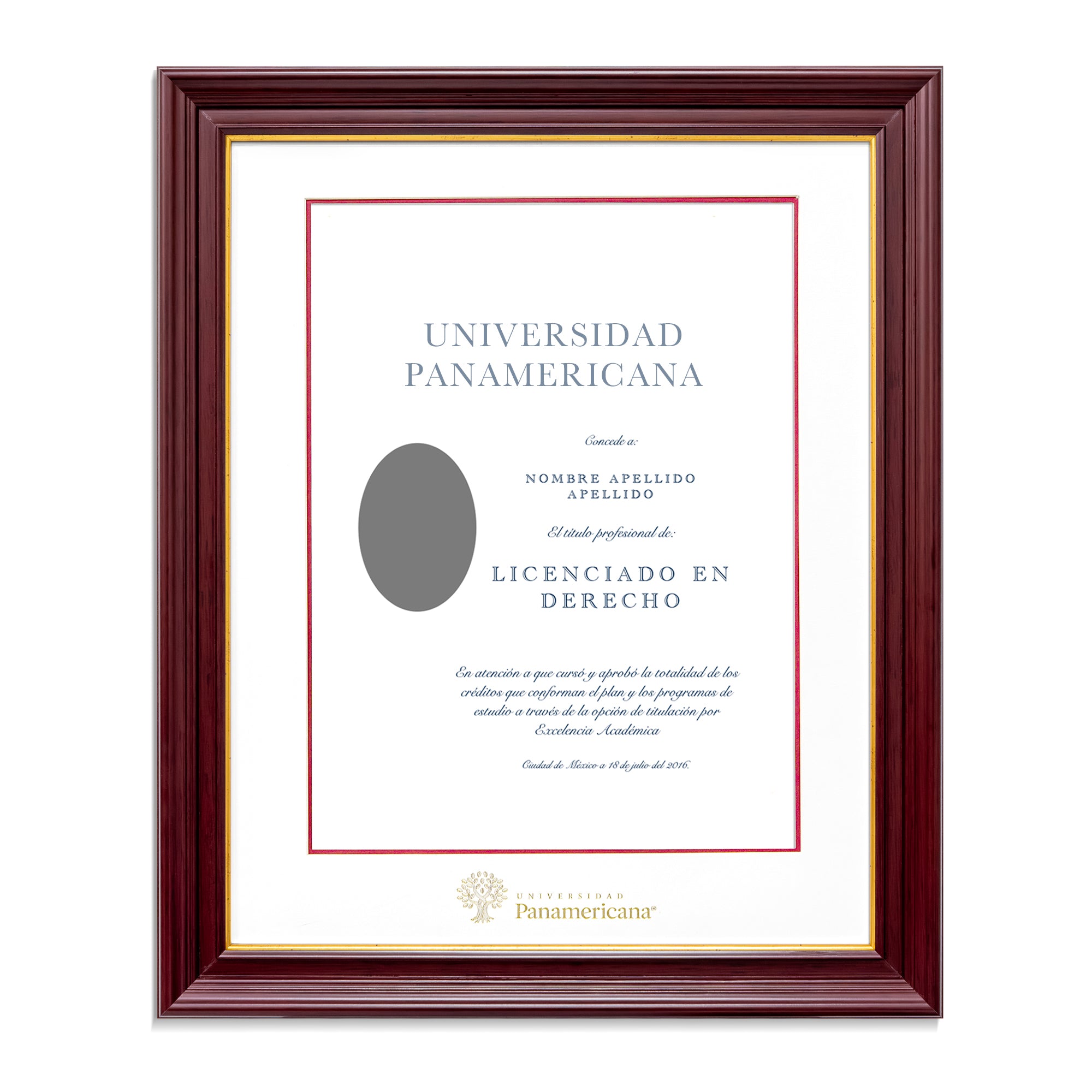 Marco Oficial para Título de la Universidad Panamericana® en Color Caoba con Filo Dorado