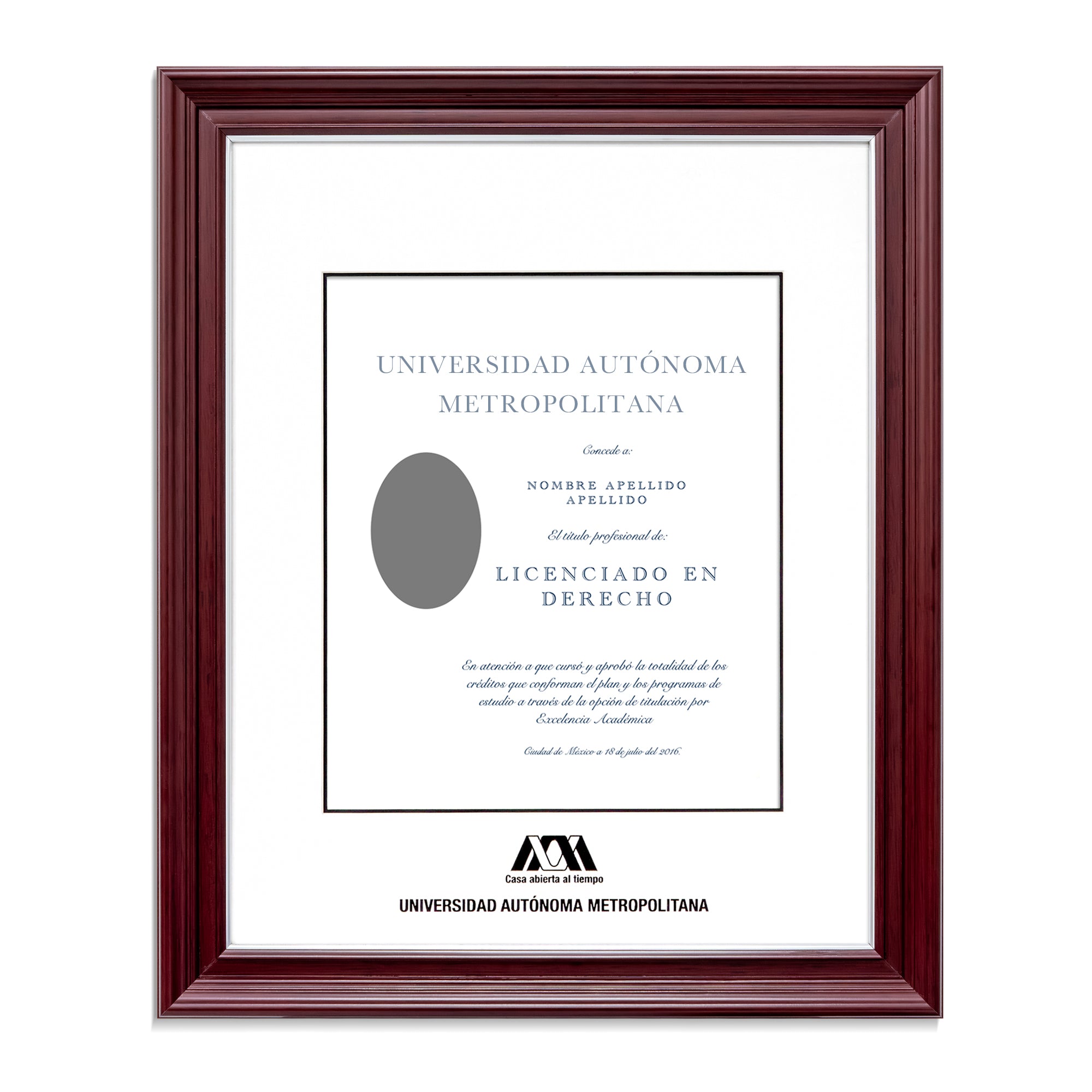 Marco Oficial UAM® en Color Caoba con Filo Plata, Para Título Universitario
