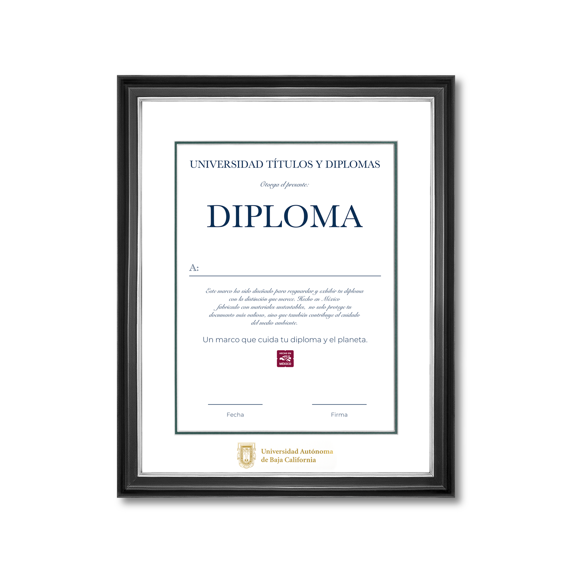 Diploma oficial UABC Marco negro con filo plateado