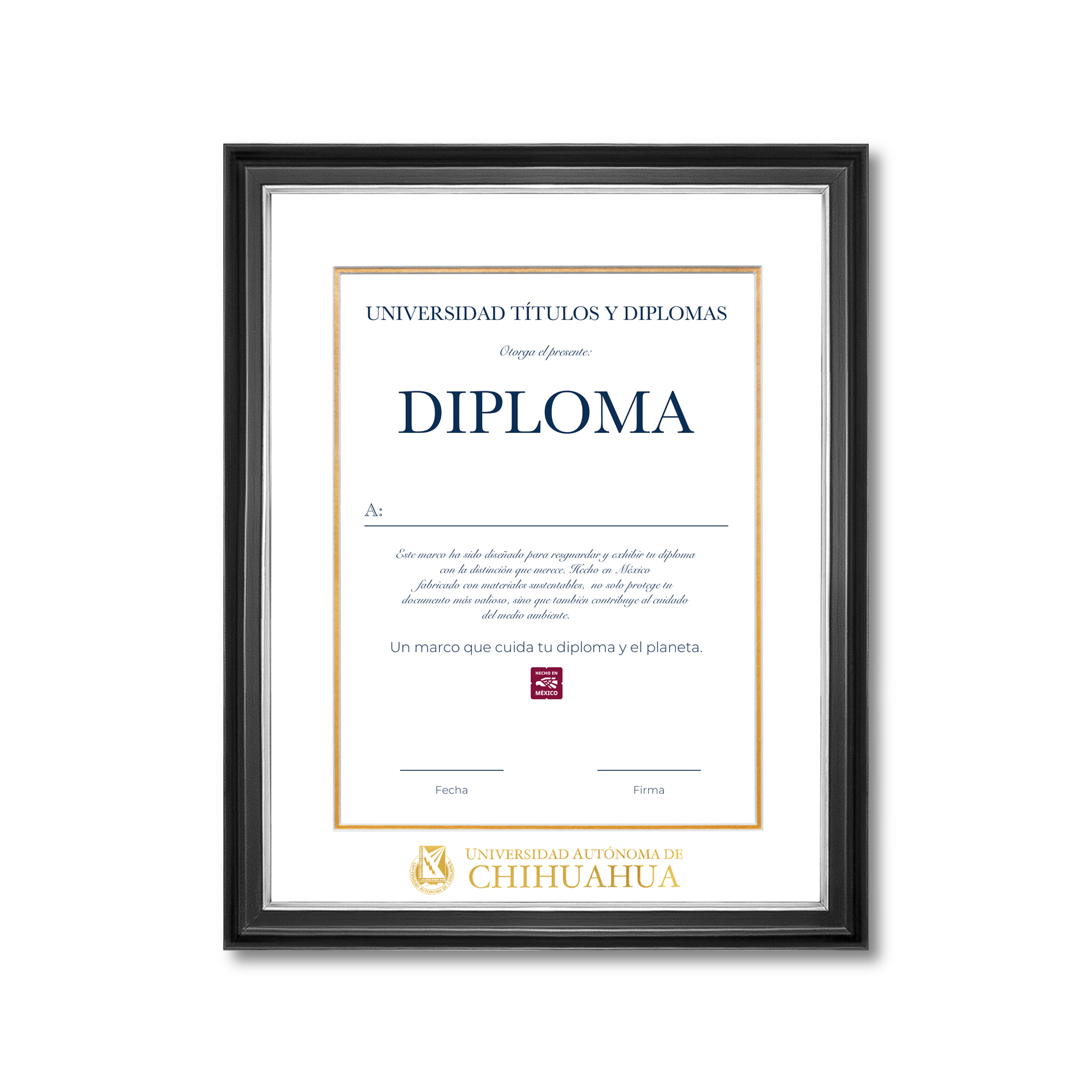 Diploma oficial UACH Marco negro con filo plateado