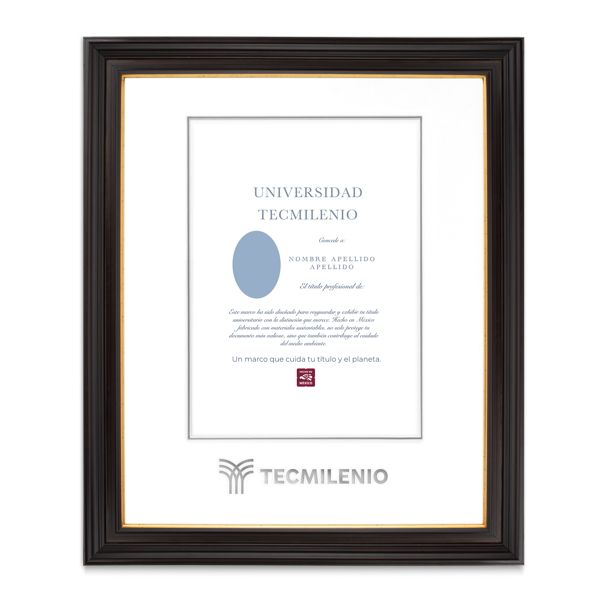 Marco Oficial en Color Chocolate con Filo Dorado para Universidad Tecmilenio