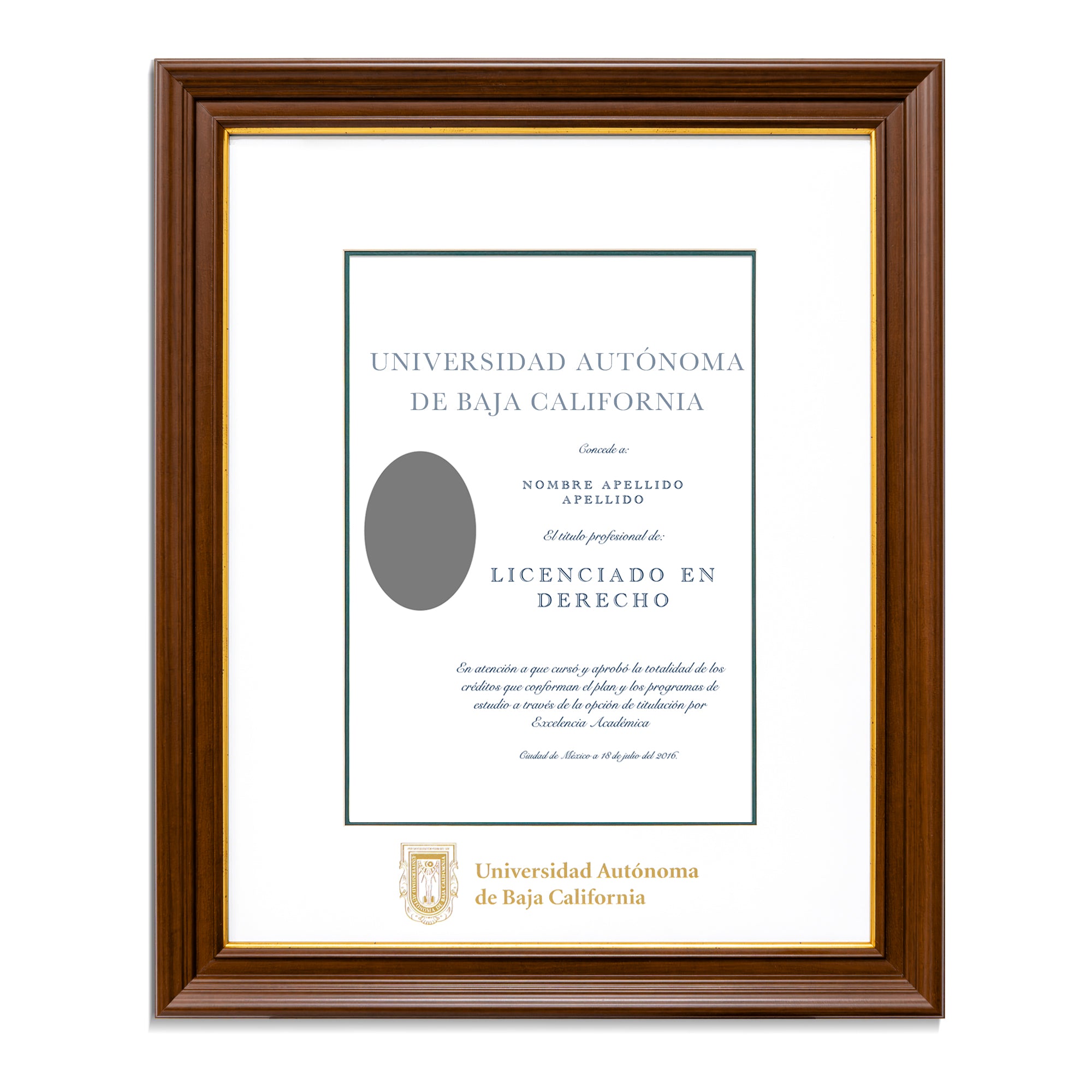 Marco Oficial UABC® en Color Nogal y Filo en Color Dorado, Para Título Universitario