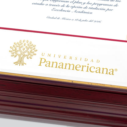 Marco Oficial para Título de la Universidad Panamericana® en Color Caoba con Filo Dorado