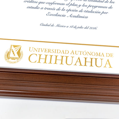 Marco Oficial en Color Nogal con Filo Plata para Universidad UACH