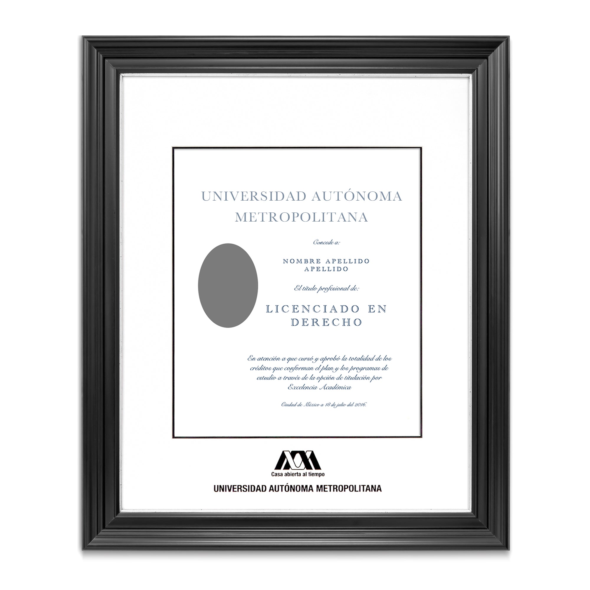 Marco Oficial UAM® en Color Negro con Relieves y Filo Plata, Para Título Universitario