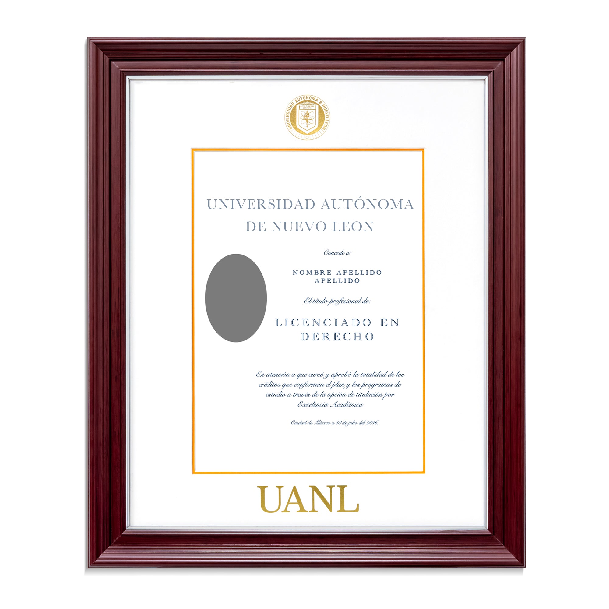 Marco Oficial en Color Caoba con Filo Plata para Universidad UANL